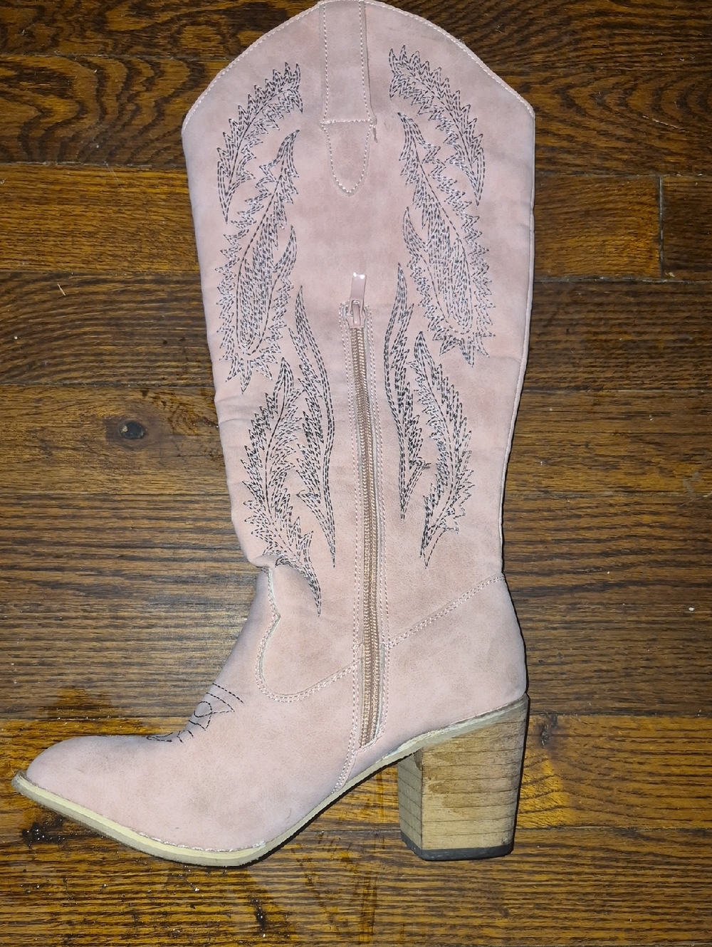 Suede Pink Western Mid-Calf Boot with Embroidered Detail